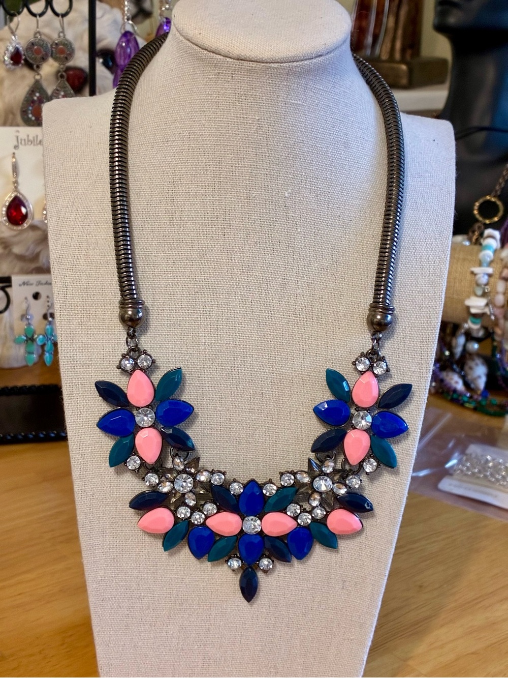 Bold Floral Statement Necklace in Blue, Teal & Pink.
